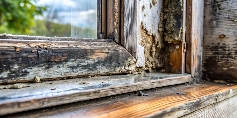 severely rotten wooden window casing