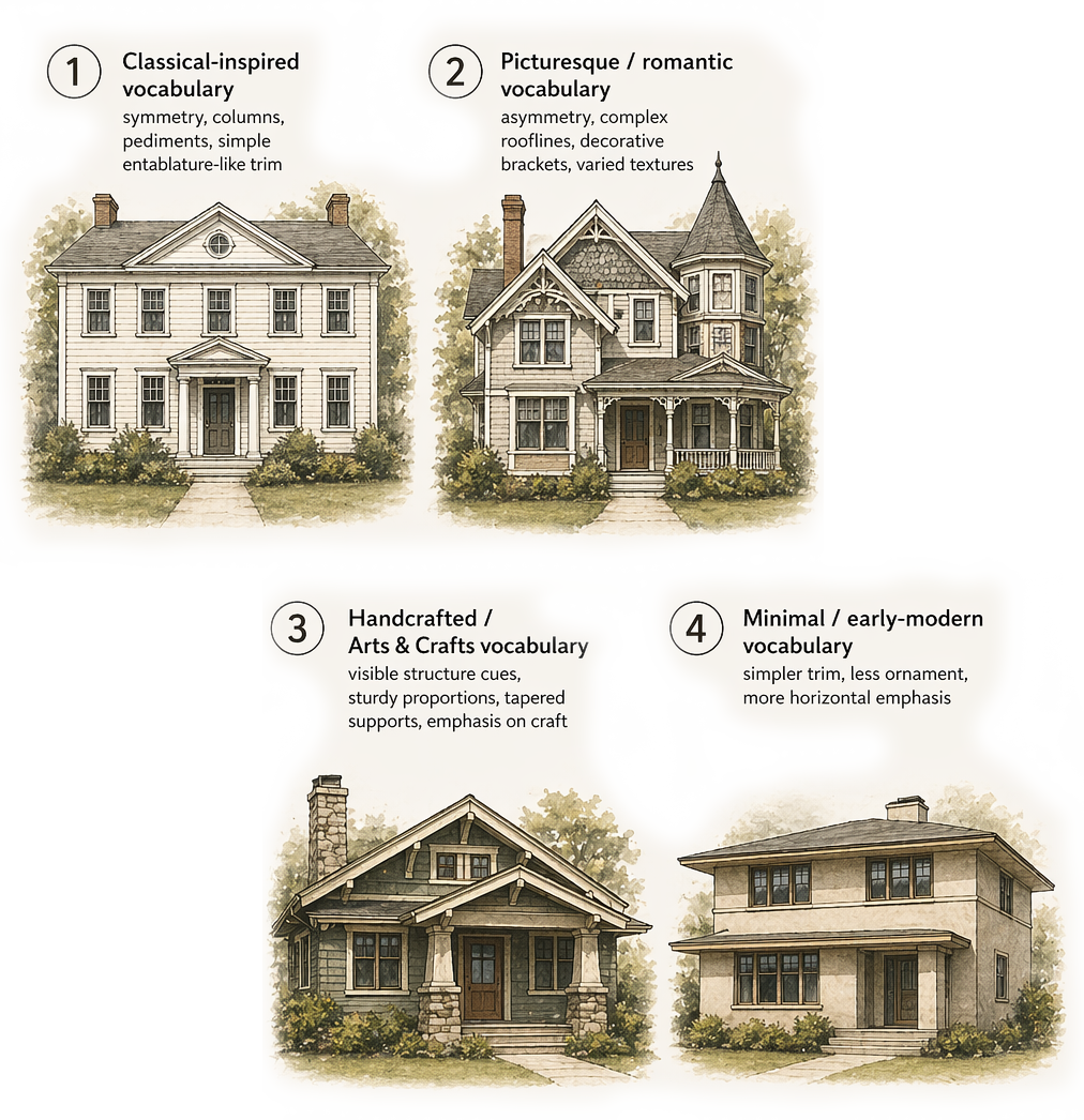common home styles. 1. Classical 2. Picturesque / romantic  3. Handcrafted / Arts & Crafts  4. Minimal / early-modern
