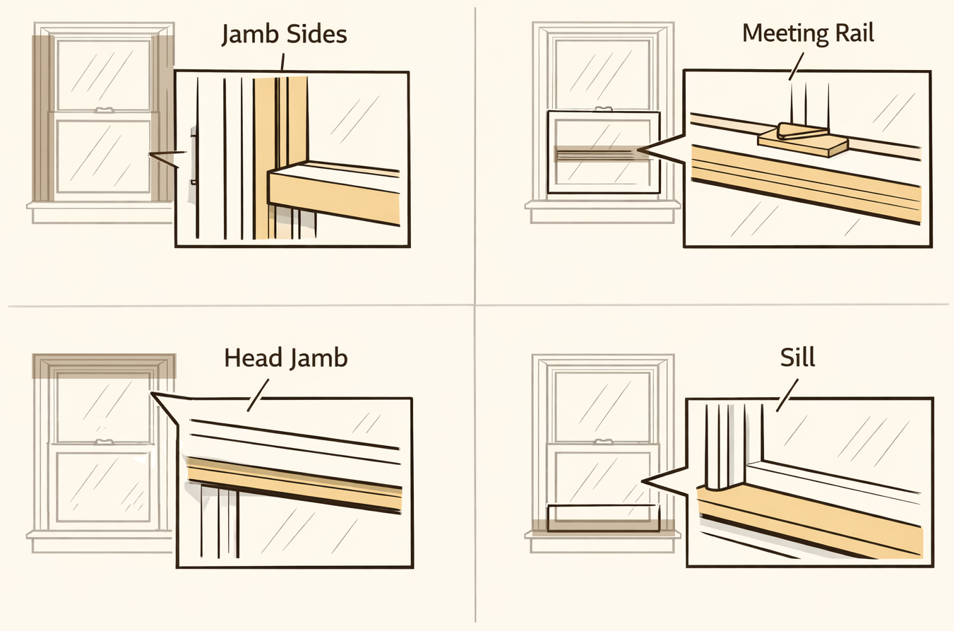 4 different window parts, jamb sides, Meeting rail, Head jamb, and Sill