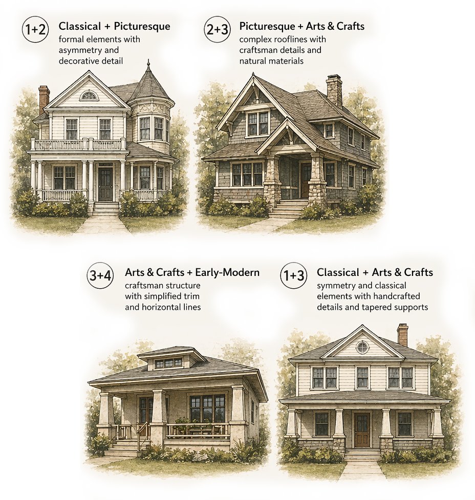 Combined home styles. 1-2. Classical + Picturesque / romantic  2-3. Picturesque / romantic +Handcrafted / Arts & Crafts  3-4. Handcrafted / Arts & Crafts + Early-modern 1-3. Handcrafted / Arts & Crafts + Classical