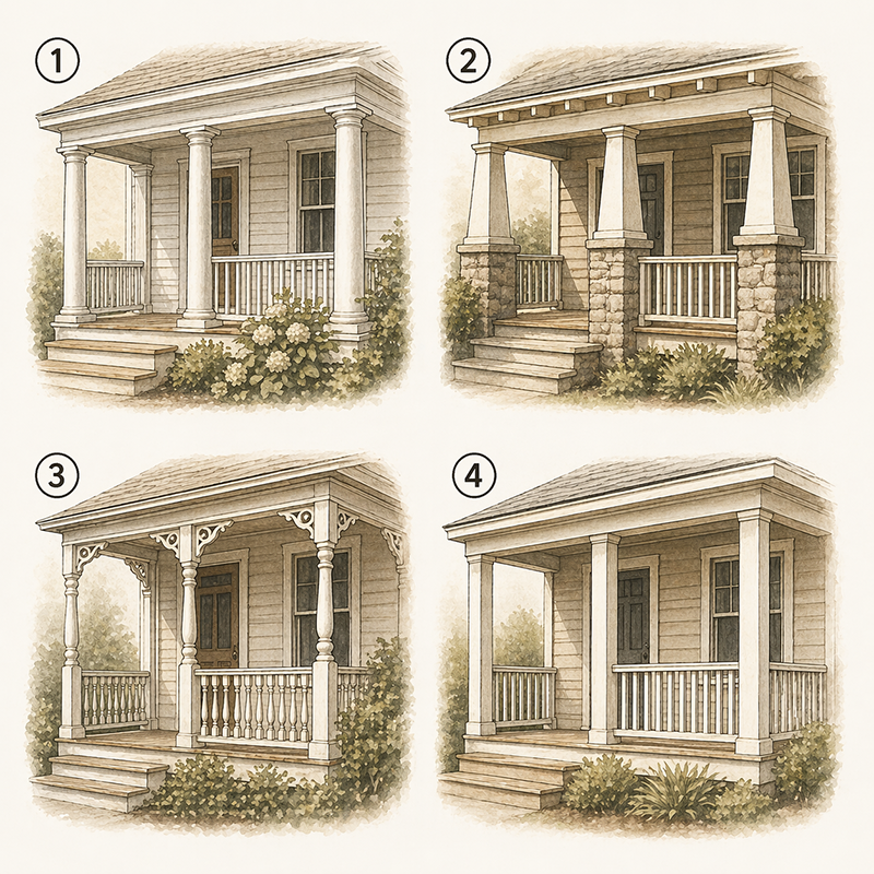 Common porch types: 1. classical columns 2. tapered posts on piers  3. delicate turned posts 4. simple square posts