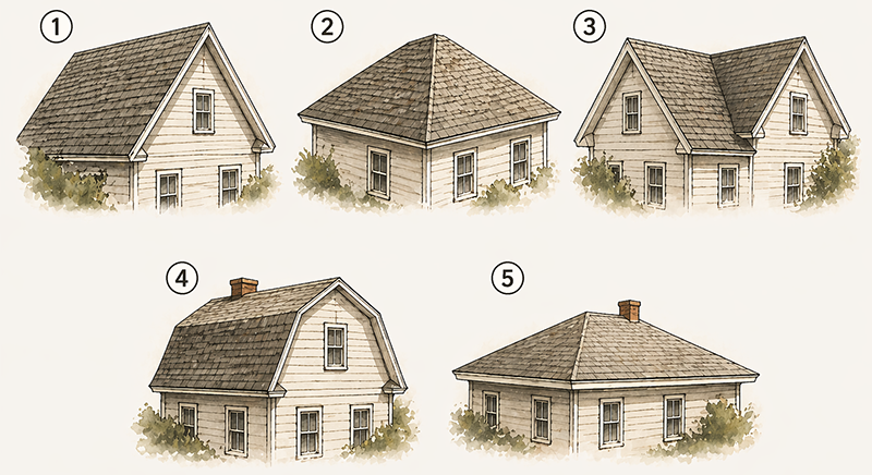 Common roof forms: 1. gable 2. hip 3. cross-gable 4. gambrel, 5. low-pitched hipped