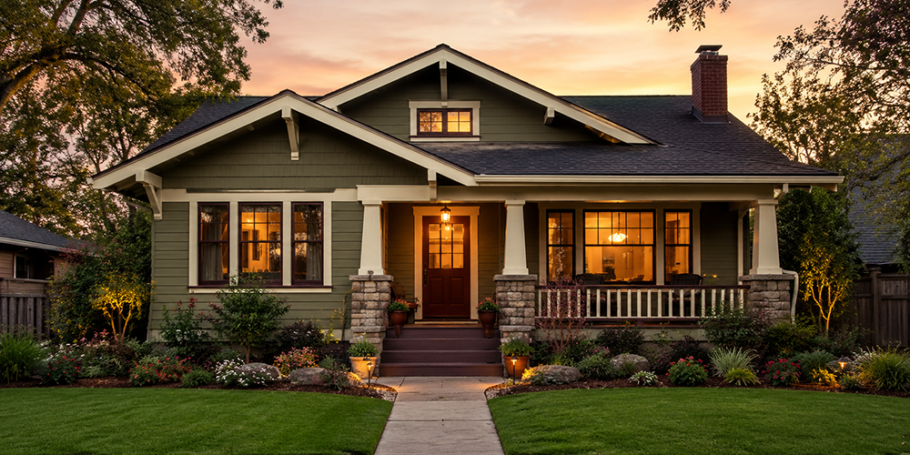 beautiful Craftsman bungalow at dusk