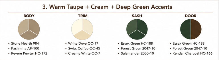 Warm Taupe + Cream + Deep Green Accents