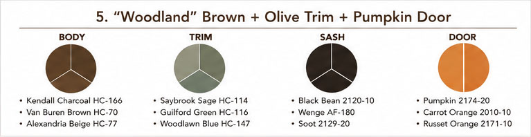 “Woodland” Brown + Olive Trim + Pumpkin Door