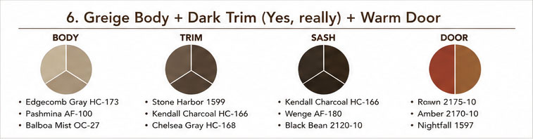 Greige Body + Dark Trim (Yes, really) + Warm Door