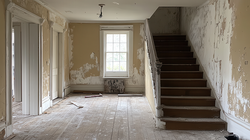 interior of old home needing paint and stain repair